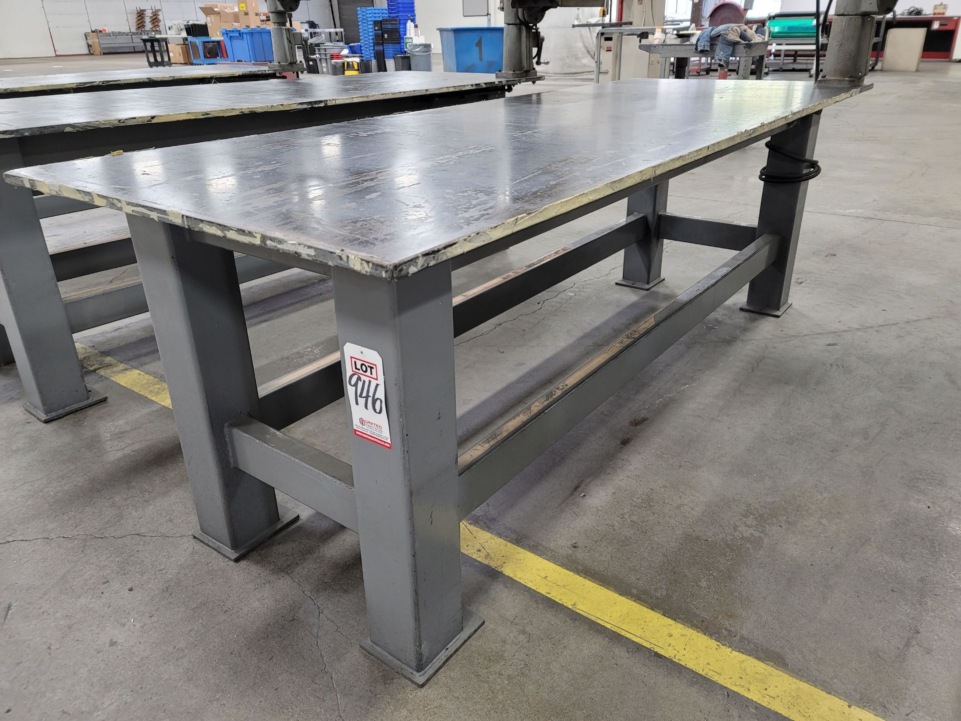 STEEL WELDING/FABRICATION TABLE W/ 3' X 8' X 3/4" STEEL TOP, ATTACHED DRILL PRESS IS NOT INCLUDED