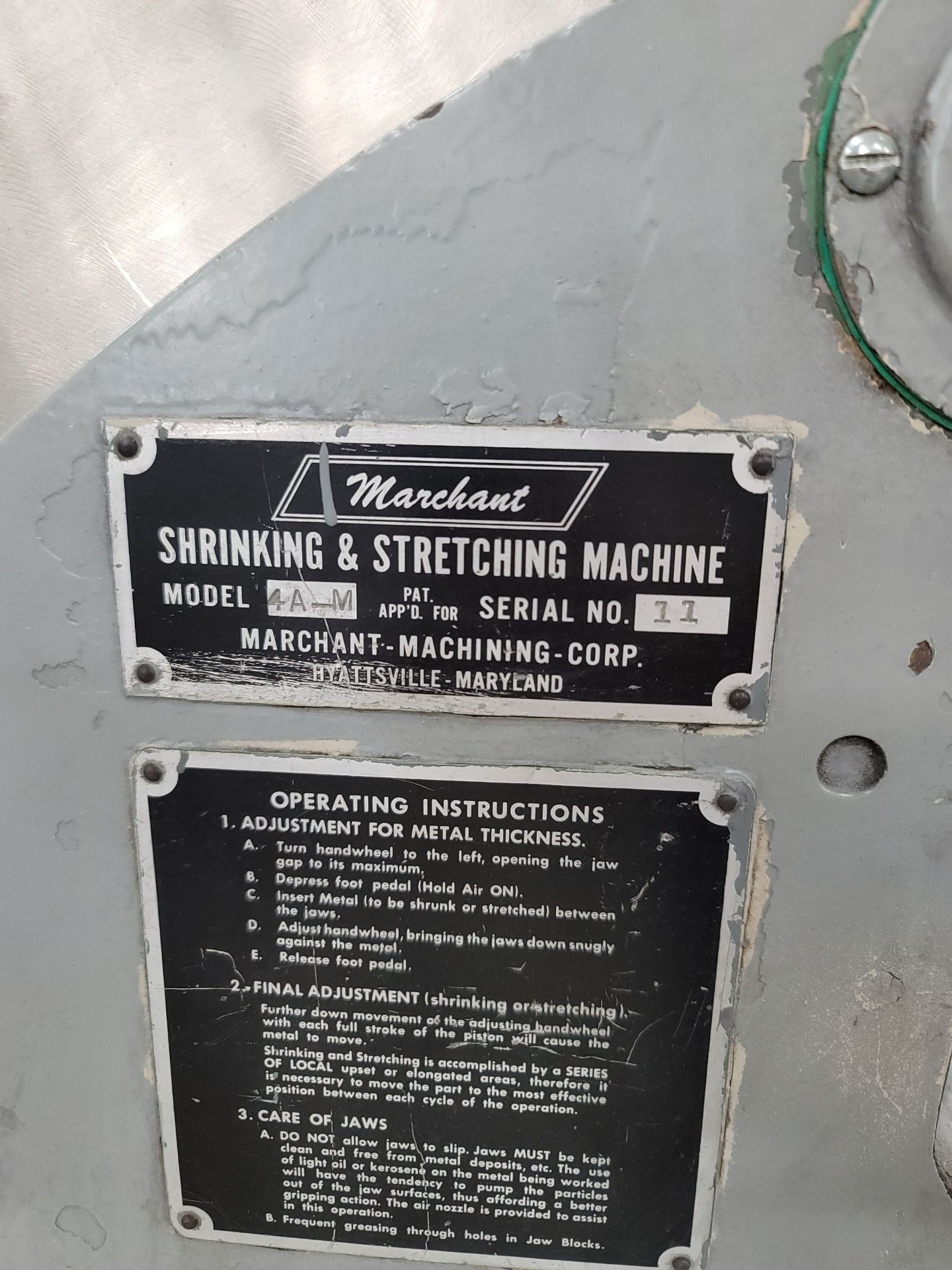 MARCHANT SHRINKING & STRETCHING MACHINE, MODEL 4A-M, 4" THROAT, PNEUMATIC, S/N 11 - Image 2 of 2