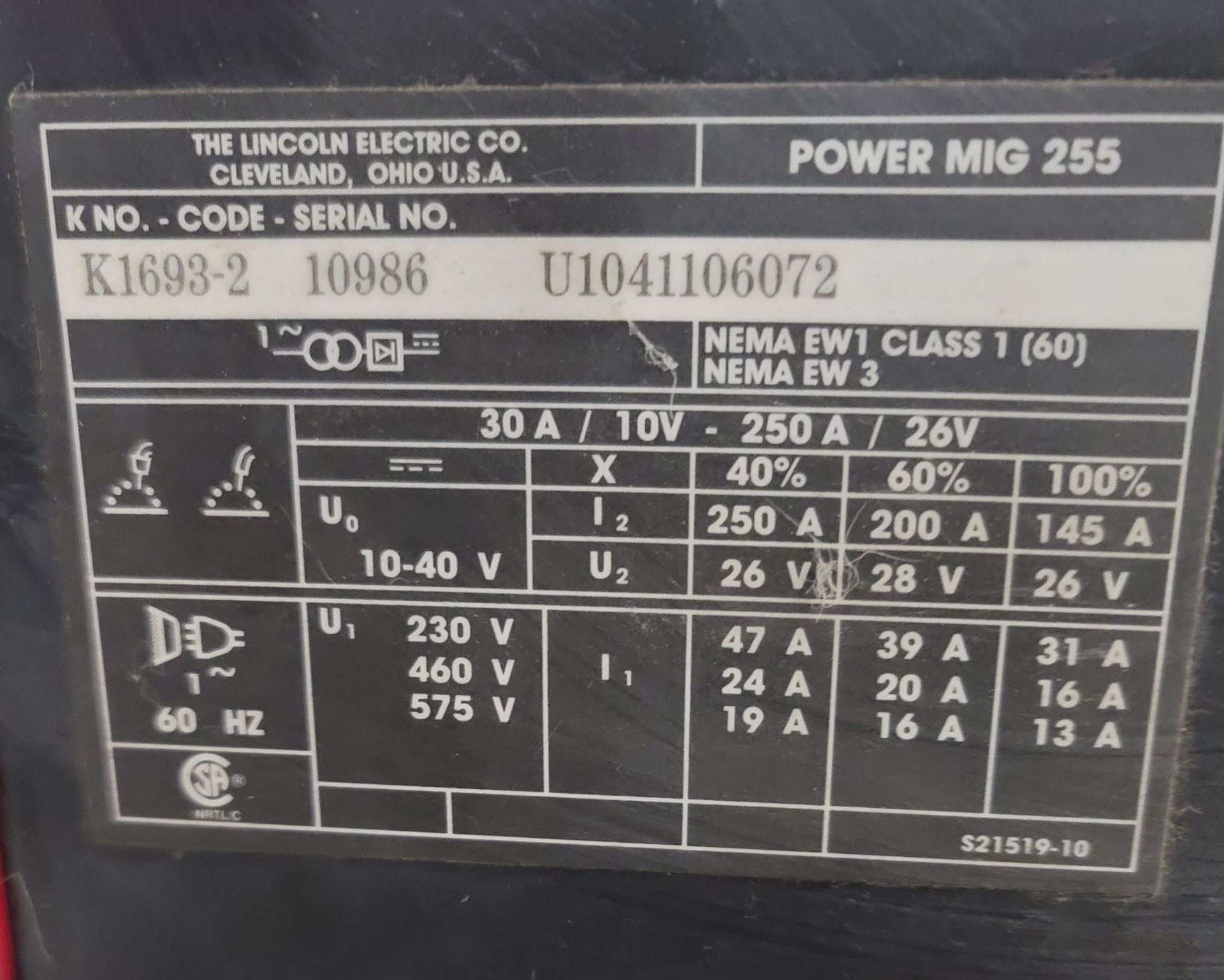 LINCOLN ELECTRIC POWER MIG 255, MODEL K1693-2, S/N 10986 - Image 4 of 4