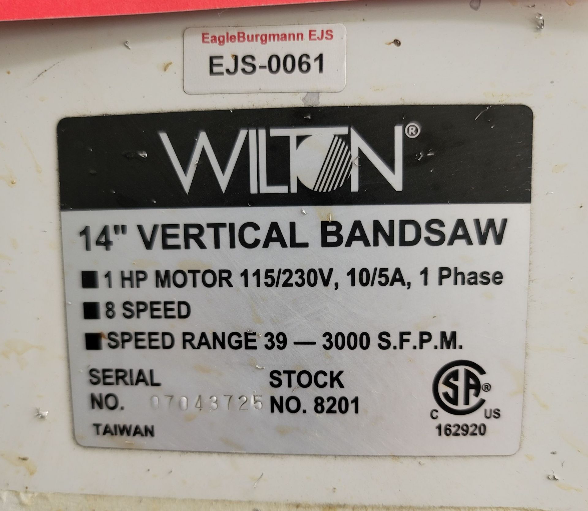 WILTON 14" VERTICAL BANDSAW, 1 HP, 8-SPEED, 115-230V, 10/5A, SINGLE PHASE, STOCK NO. 8201, S/N - Image 4 of 4