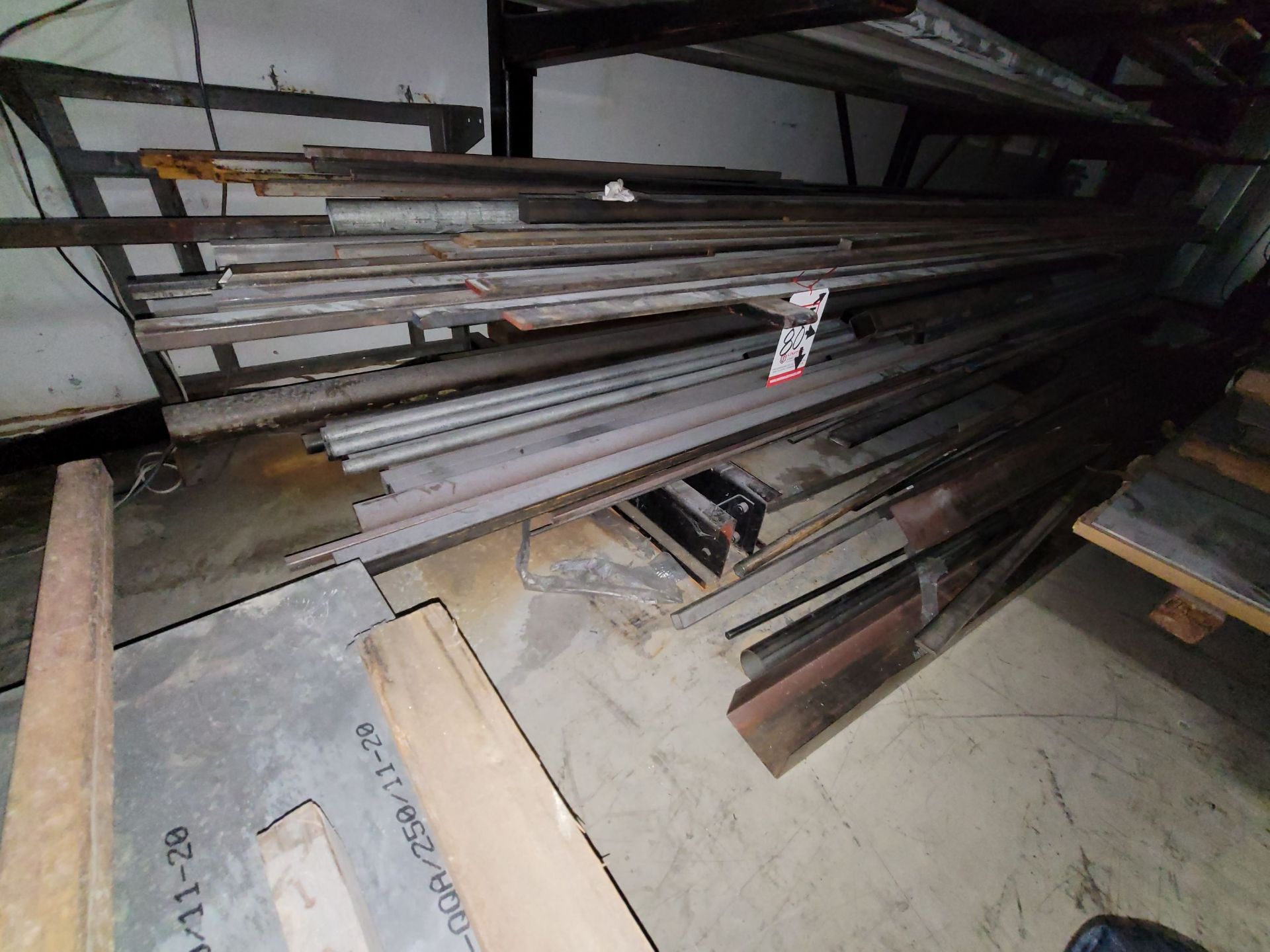 LOT - STEEL: ALL MATERIAL ON BOTTOM (2) SHELVES OF LARGE CANTILEVER RACK, UP TO 20' LENGTHS