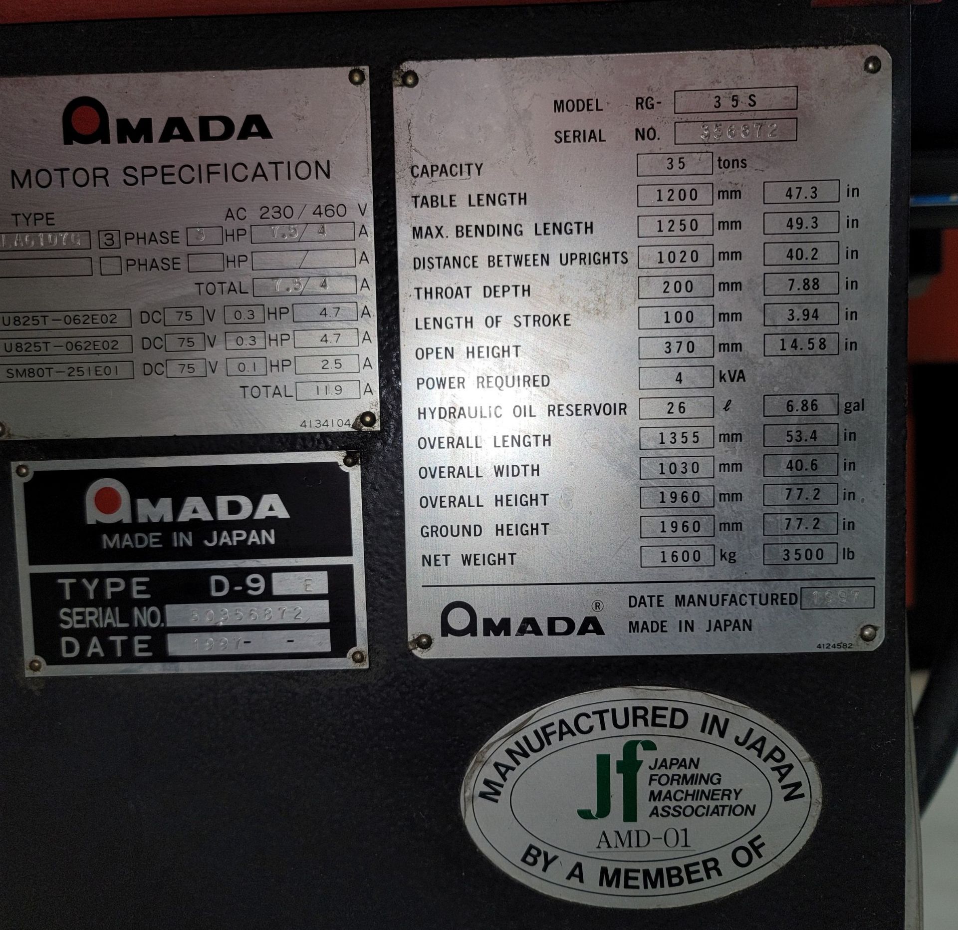 1997 AMADA RG-35S PRESS BRAKE, 35-TON X 4', UP-ACTING, NC9EX-II 3-AXIS CNC CONTROL, S/N 356872 - Image 8 of 8
