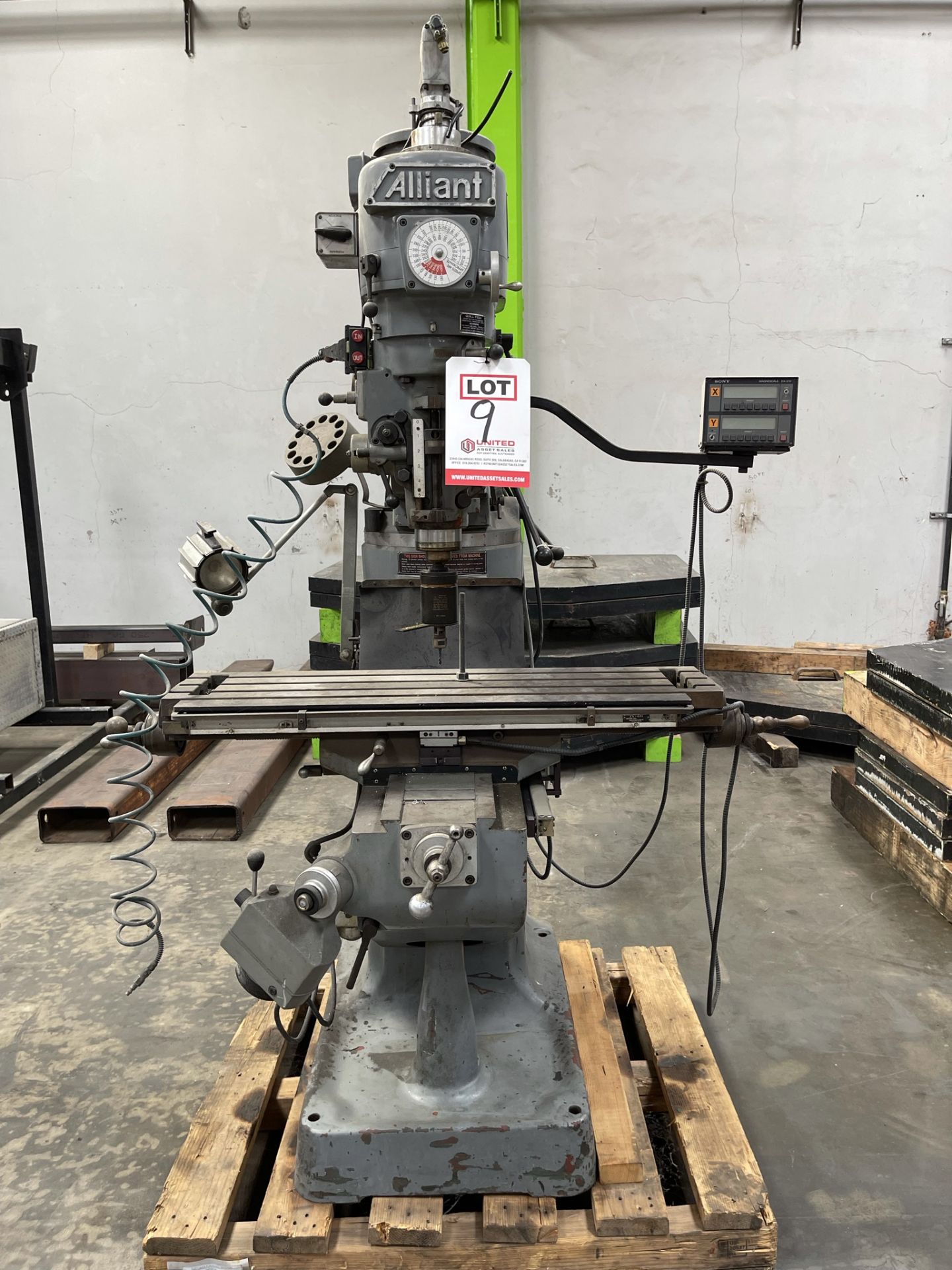 ALLIANT VERTICAL MILL, 9" X 42" TABLE, SONY XY DRO, POWER KNEE, S/N 73064031