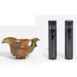 ARCHAISING LIBATION CUP IN THE SHAPE OF A BIRD AND PAIR OF CYLINDRIC BOXES. China. Green jade with