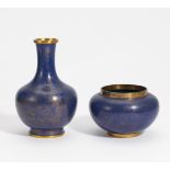 BULBOUS BOWL AND VASE. China. Ca. 1900. Copper with blue cloisonné with very fine bridges, partly