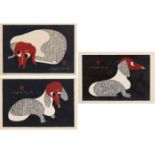 KIYOSHI, SAITÔQ 1907 - 1997 Three framed woodblock prints with dachshunds. Japan. Shôwa period.