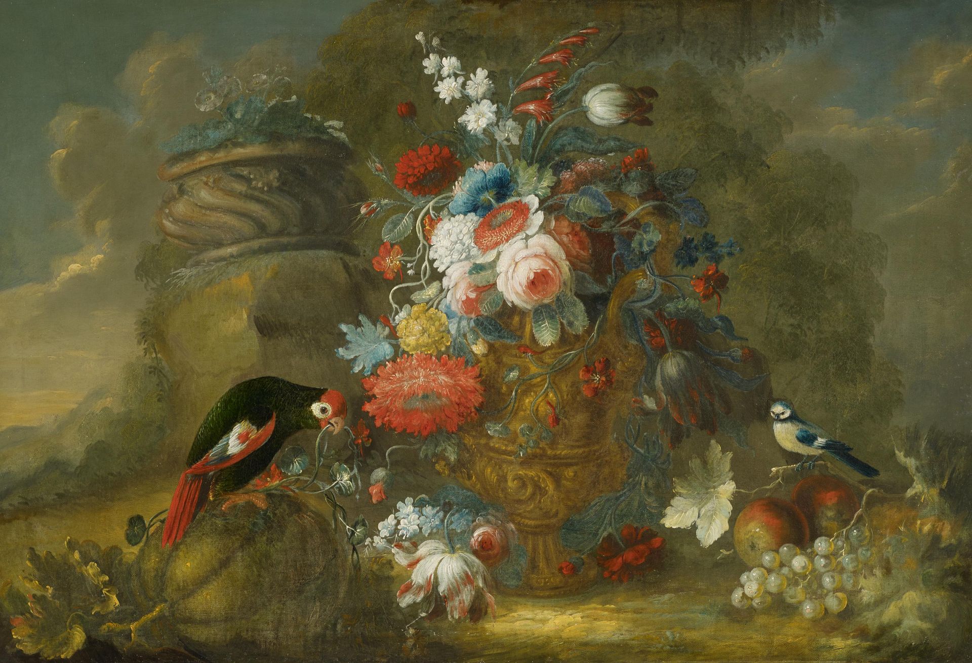 Belvedere, Andrea Neapel um 1652 - 1732. Umkreis. Großes Blumenstillleben mit einem Papagei. Öl