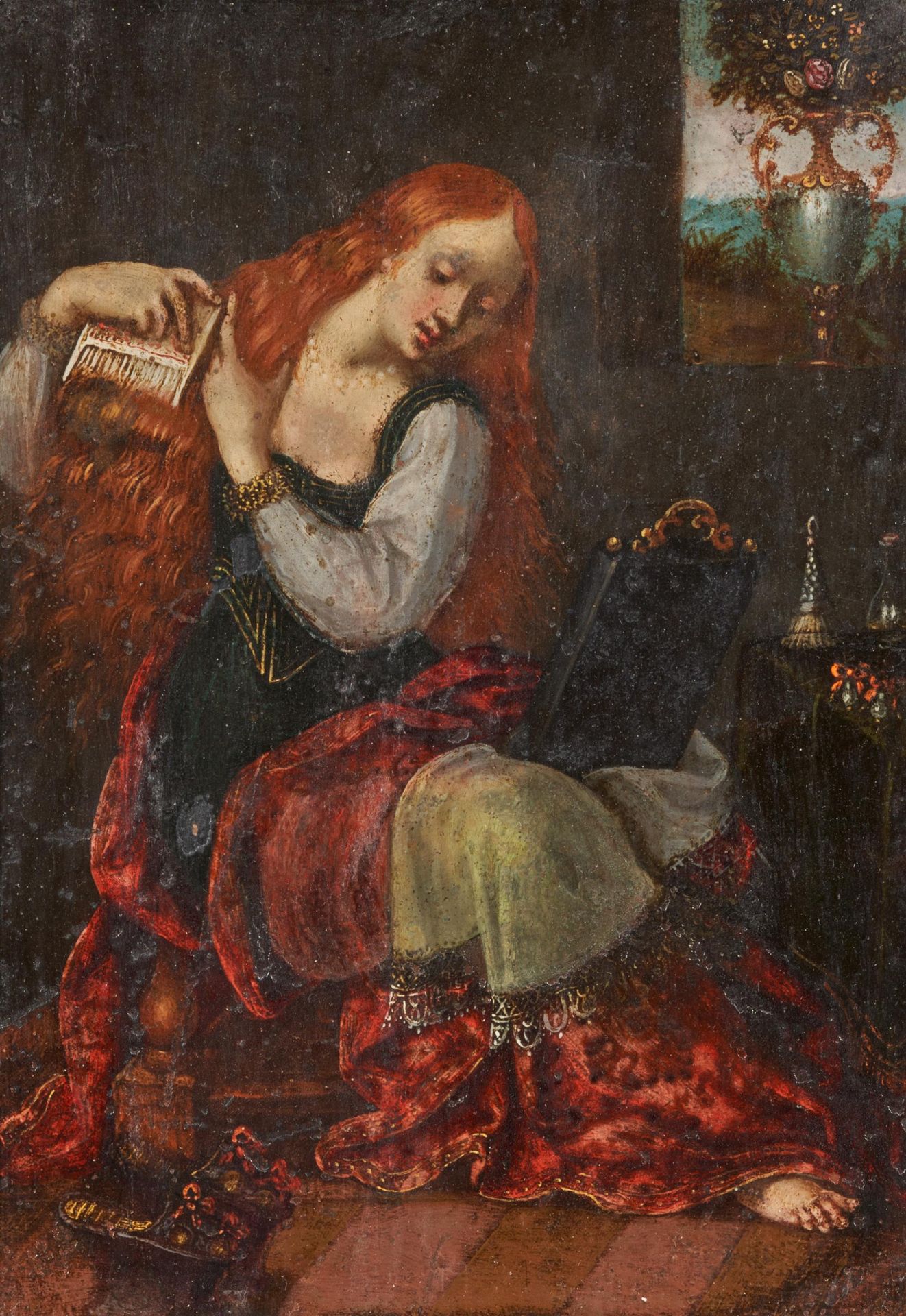 Deutscher Meister. 17. / 18. Jh. Vornehme Dame mit Kamm. Öl auf Kupfer. 19 x 14cm. Rahmen.