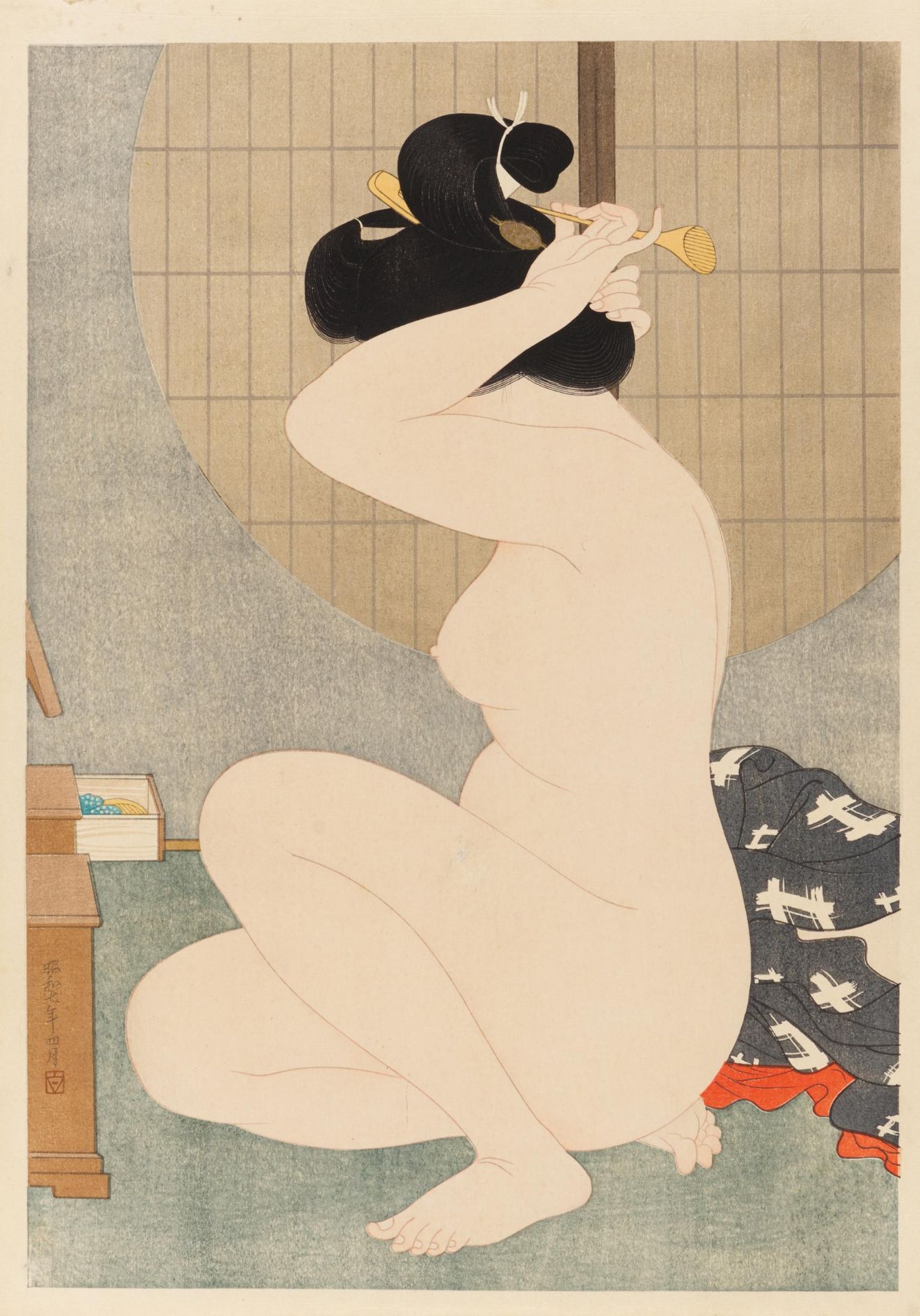 HAKUHO, HIRANO 1879 - 1957 Woodblock print: At hair dressing. Japan. Shôwa period. 4th month 1932.