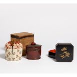 TWO LACQUER LIDDED BOXES. Japan. 19th c. a) Flat octagonal lacquer box with beveled corners. Wood