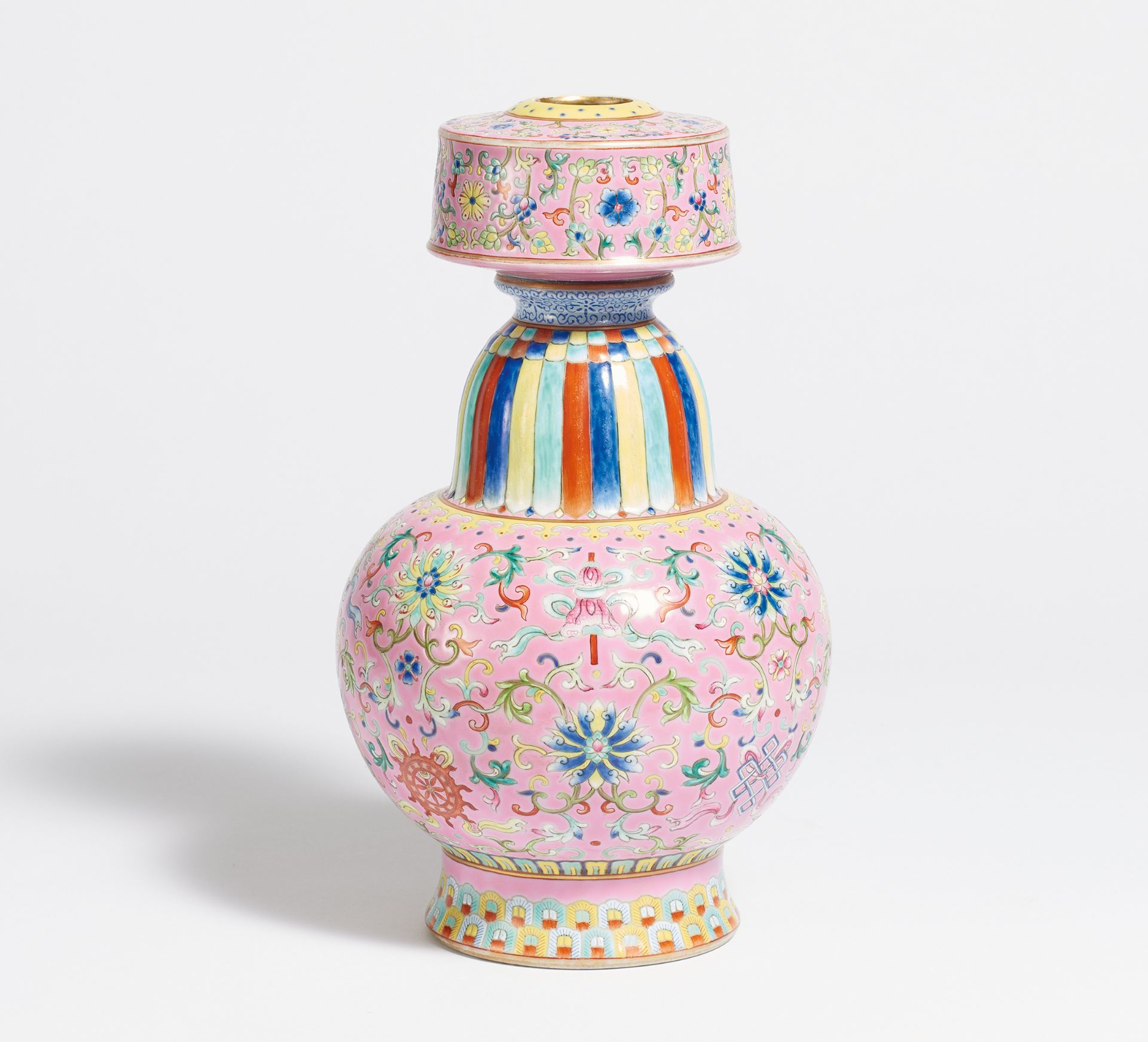 BHUMPA VASE WITH ASHTAMANGALA IN LOTUS SCROLLS. China. Porcelain painted in famille rose on pink