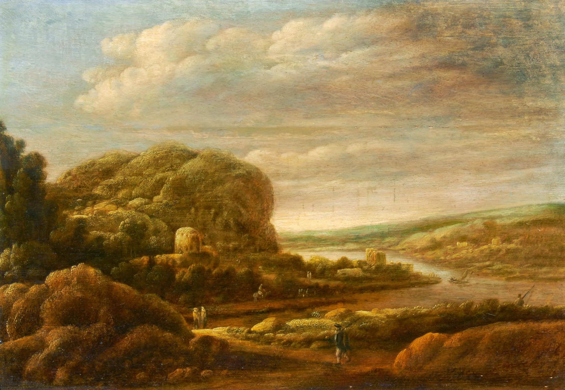 Momper, Josse de d.J Antwerpen 1564 - 1635. Nachfolge. Weite, bergige Flusslandschaft mit Figuren.