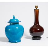 LIDDED VASE AND LONG-NECKED VASE. China. a) Lidded vase. Stoneware with peacock blue glaze in