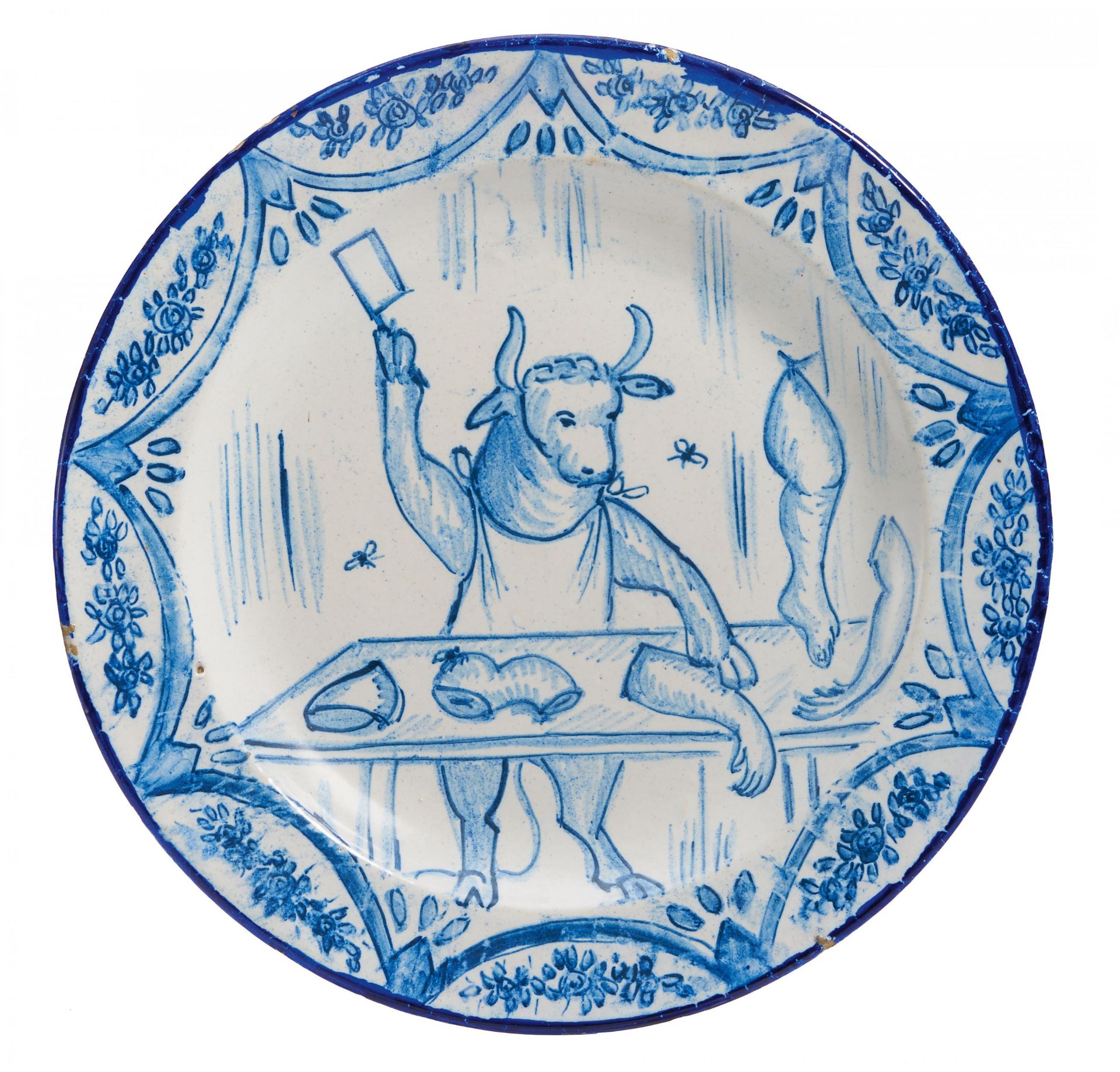 FOLGE VON 7 GROßEN TELLERN \"VERKEHRTE WELT\". Keramik, weiß und blau dekoriert. Ø 35,5cm. Zustand - Bild 2 aus 2