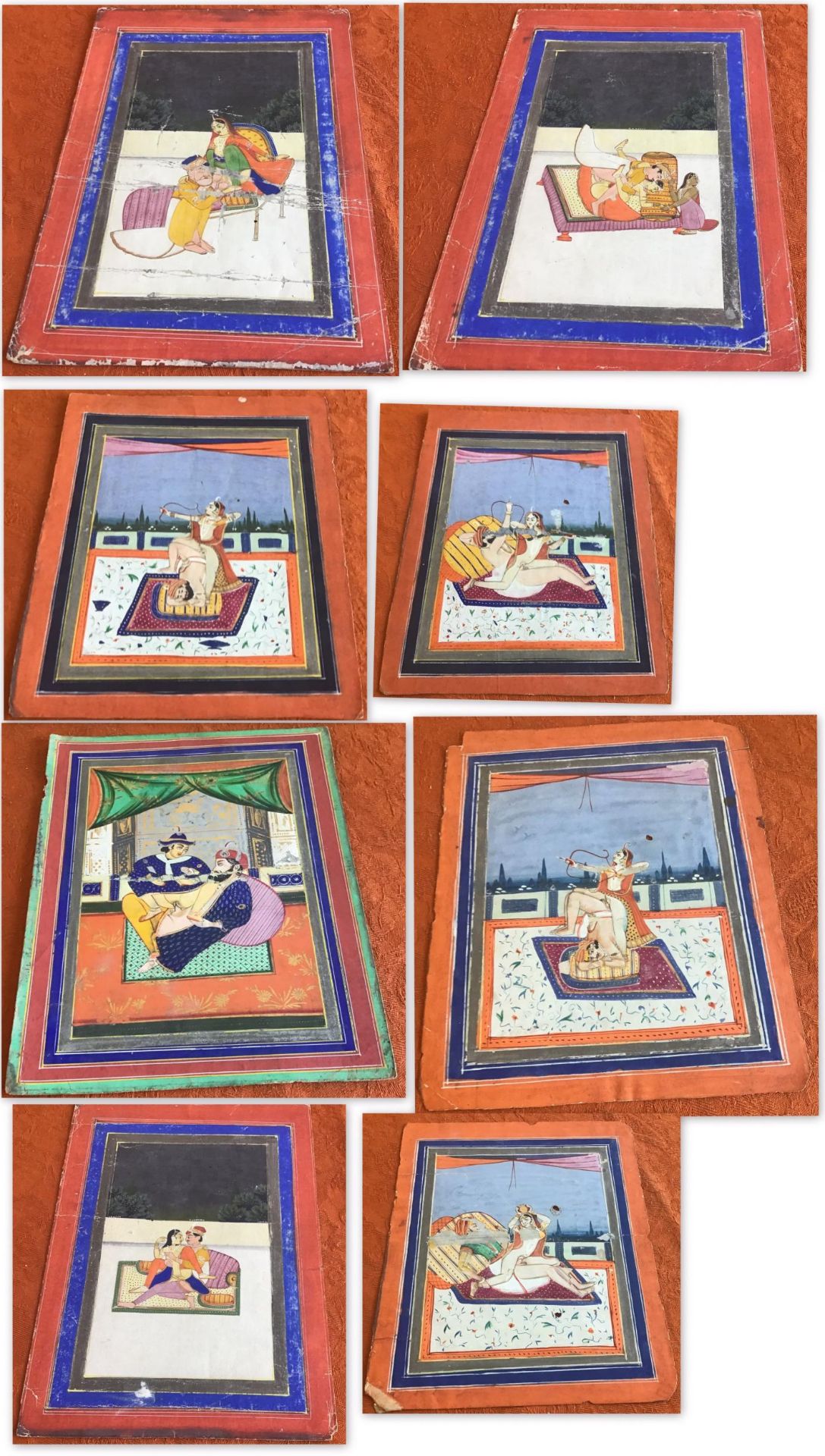 EIGHT EROTIC PAINTINGS. East India. Rajasthan, prob. Jaipur. Late 19th/beg. 20th c. Pigments and - Image 3 of 11