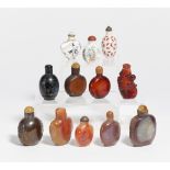 TWELVE SNUFFBOTTLE FROM STONE AND OTHER MATERIALS. China. 19th-20th c. Banded agate, bamboo,