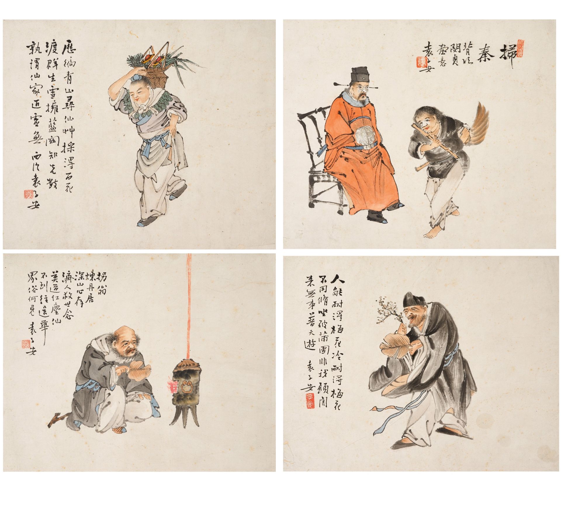 FOUR ALBUM LEAFS WITH IMMORTALS AND GENRE SCENES. China. Republic period (1912-1949). Ink and