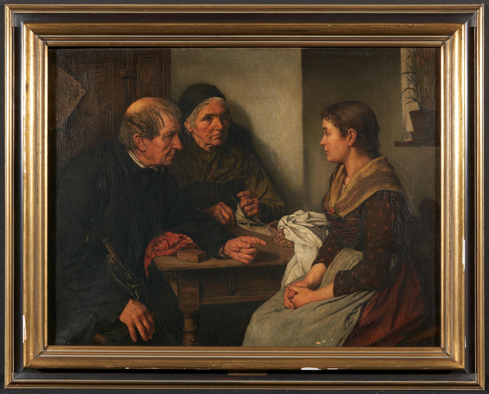 Schildknecht, Georg. Fürth 1850 - 1939. Das Geständnis. Öl auf Leinwand. 52 x 68cm. Signiert und - Image 2 of 4