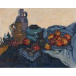 Französischer Meister. um 1900. Stillleben mit Tonkrügen und einer Schale Äpfeln. Öl auf Leinwand.