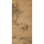 PAINTING: TRAVELER WITH TWO HORSES AT A STREAM BENEATH TREES. China. Ink and pigments on silk.