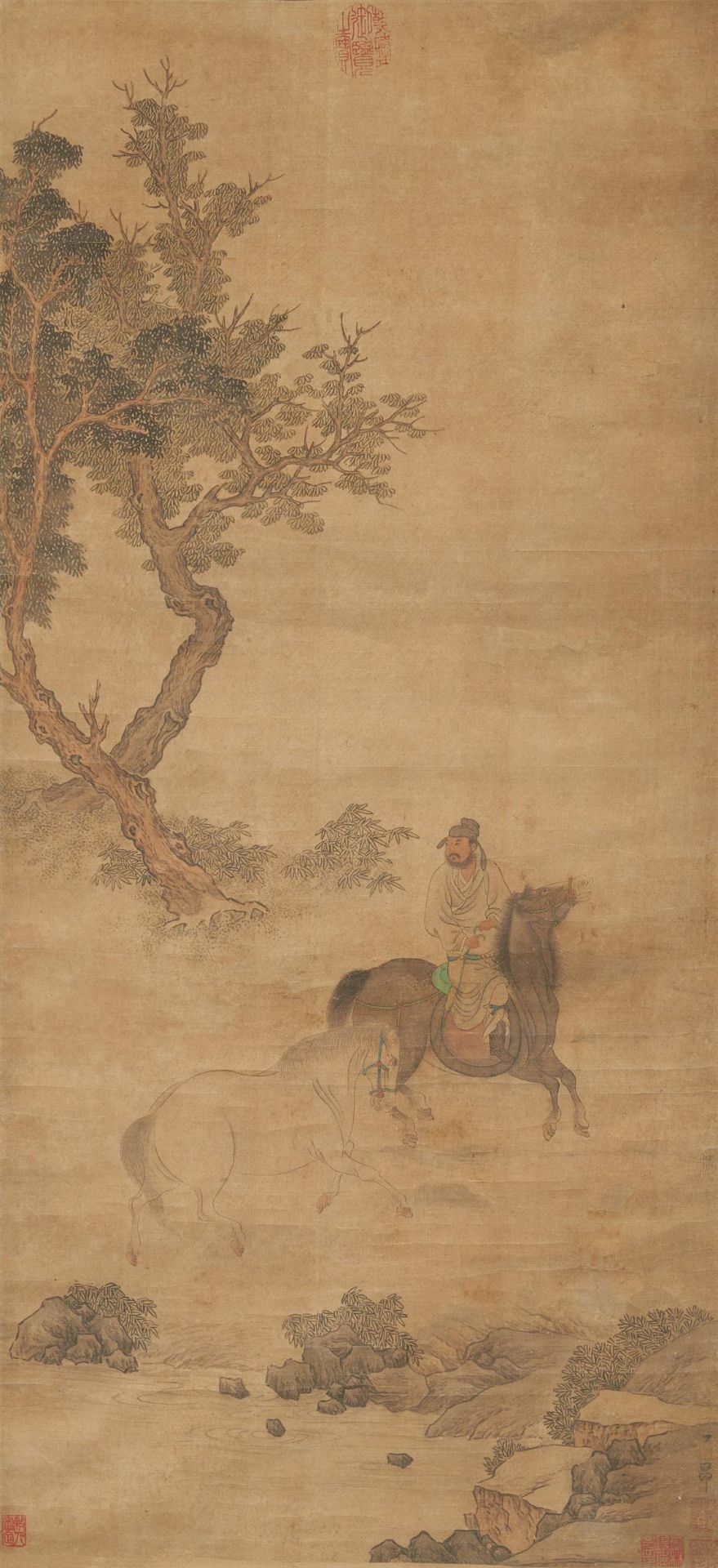 PAINTING: TRAVELER WITH TWO HORSES AT A STREAM BENEATH TREES. China. Ink and pigments on silk.