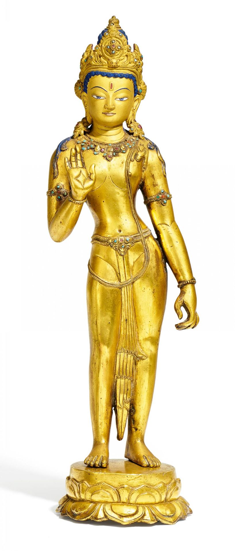 STANDING AVALOKITESHVARA. Nepal. Bronze with gilding, gold painting, pigments and stone inlays. In