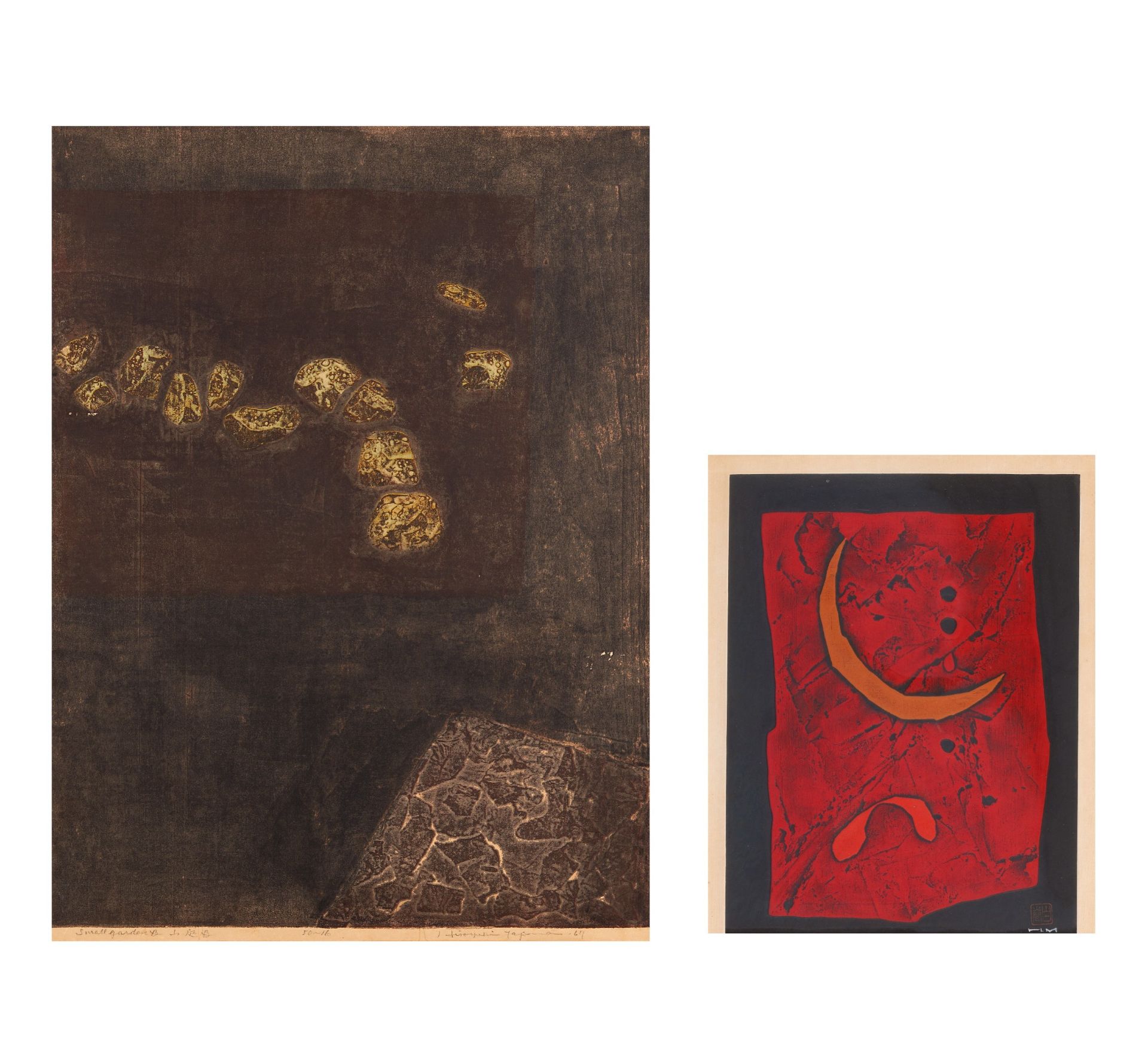 TWO ABSTRACT WOODBLOCK PRINTS. Japan. Shôwa period. a) Hiroyuki Tajima (1911-1984). Small garden.