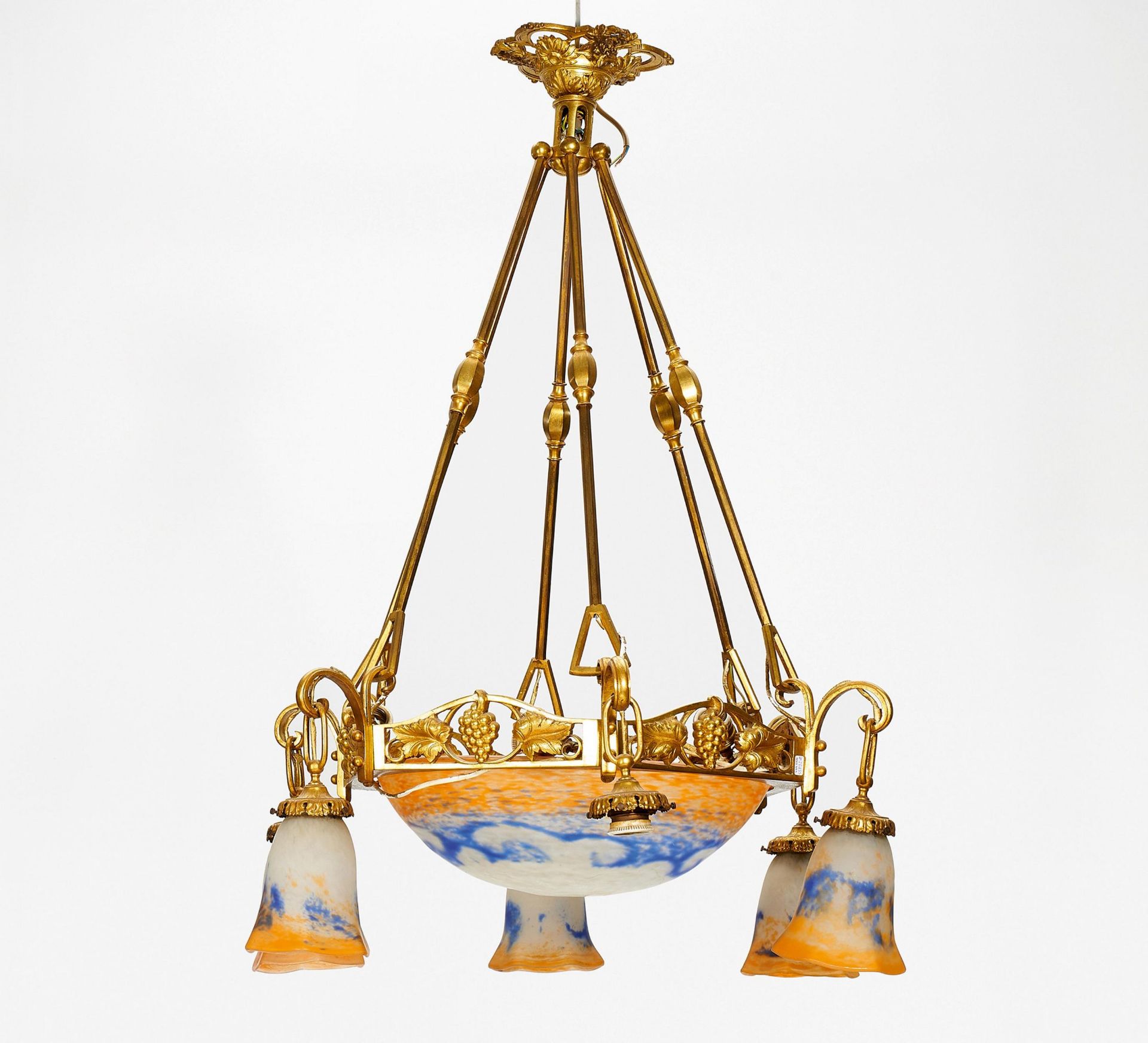 CEILING LAMP Dijon. Jean Noverdy. 1920-1930 Acromantic glass, with milky white, orange and blue