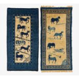 TWO CARPETS WITH EACH SIX HORSES. China. 19th-20th c. Wool, knotted. Each 120x60cm. Condition B.