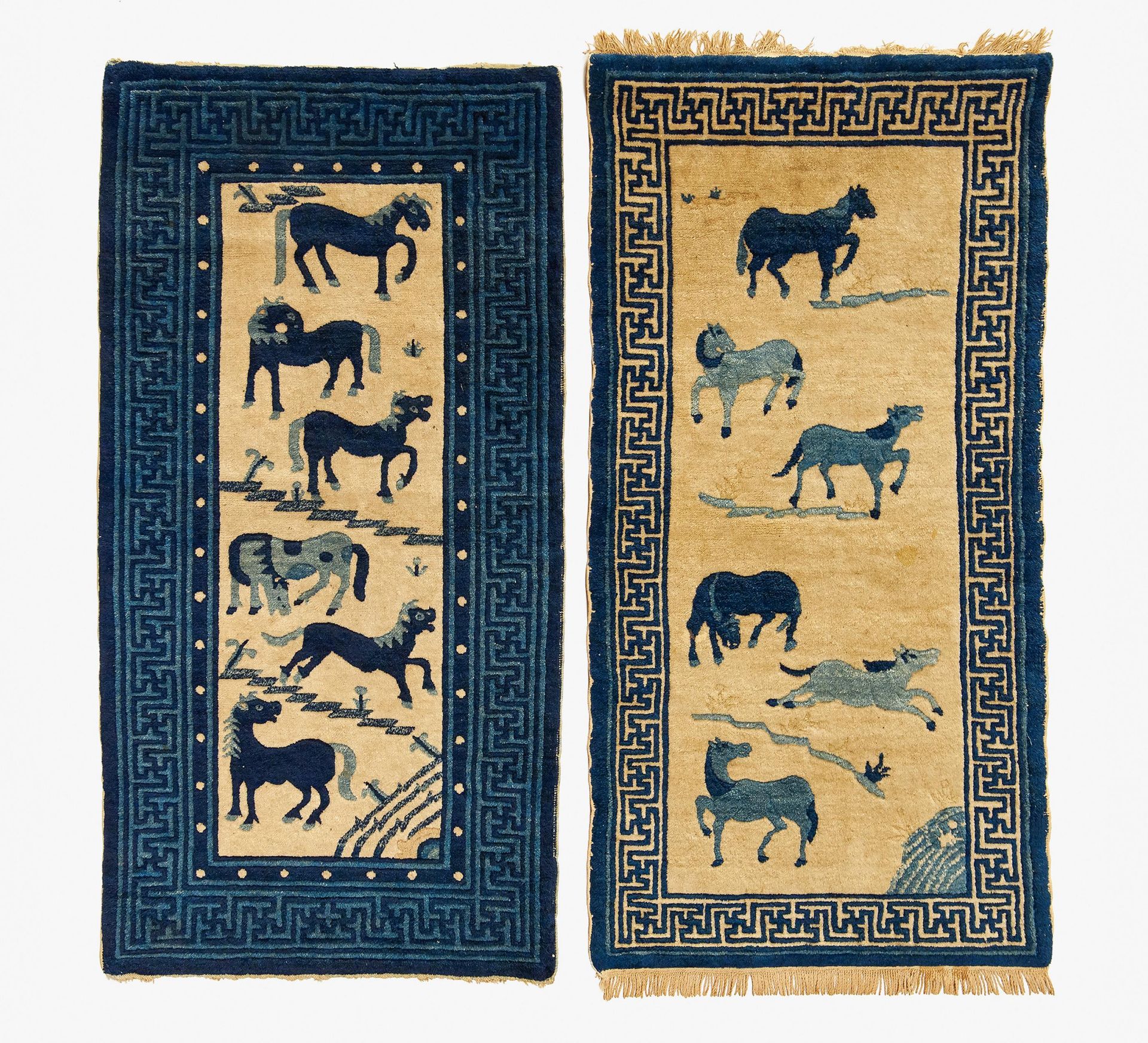 TWO CARPETS WITH EACH SIX HORSES. China. 19th-20th c. Wool, knotted. Each 120x60cm. Condition B.