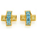 CADA 1968 Munich Gemstone-Ear Stud Clips. Germany. 2000s. 750/- yellow gold, with mark, total