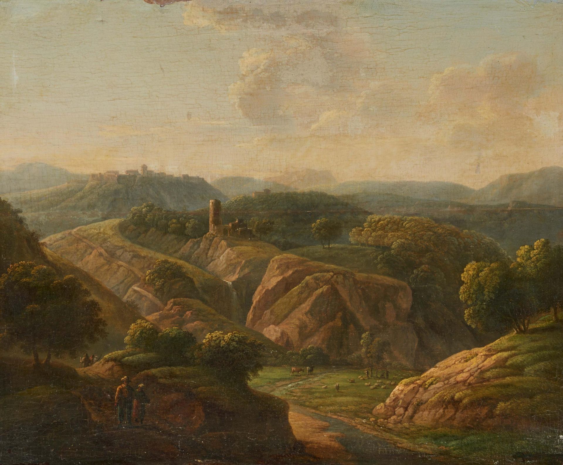 Deutscher Meister. um 1800. Italienische Landschaft mit Hirten. Öl auf Holz. 32 x 40cm. Rahmen.