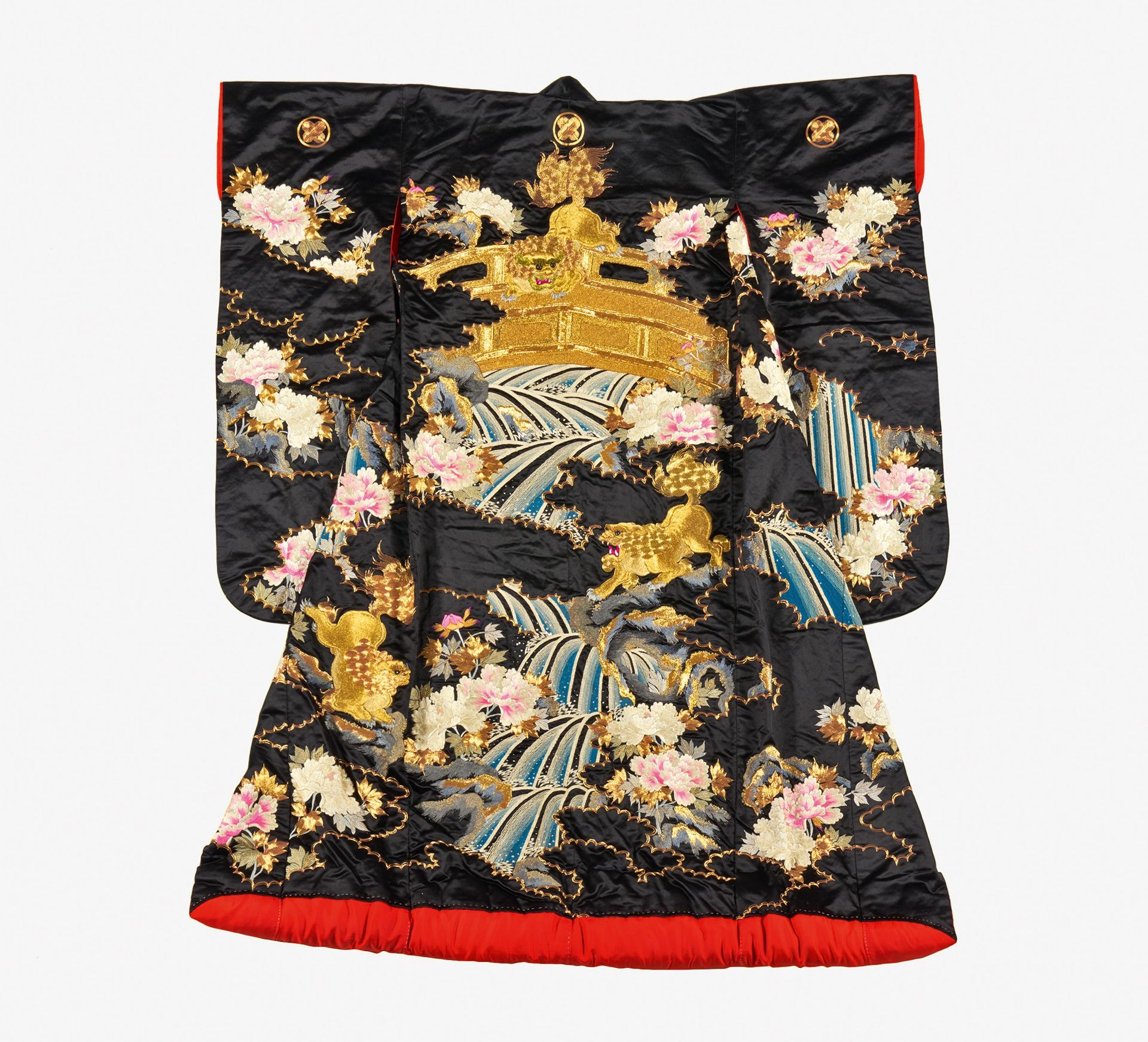 UCHIKAKE. Japan. Early 20th c. Black satin silk, heavily embroidered with colored silk and gold.