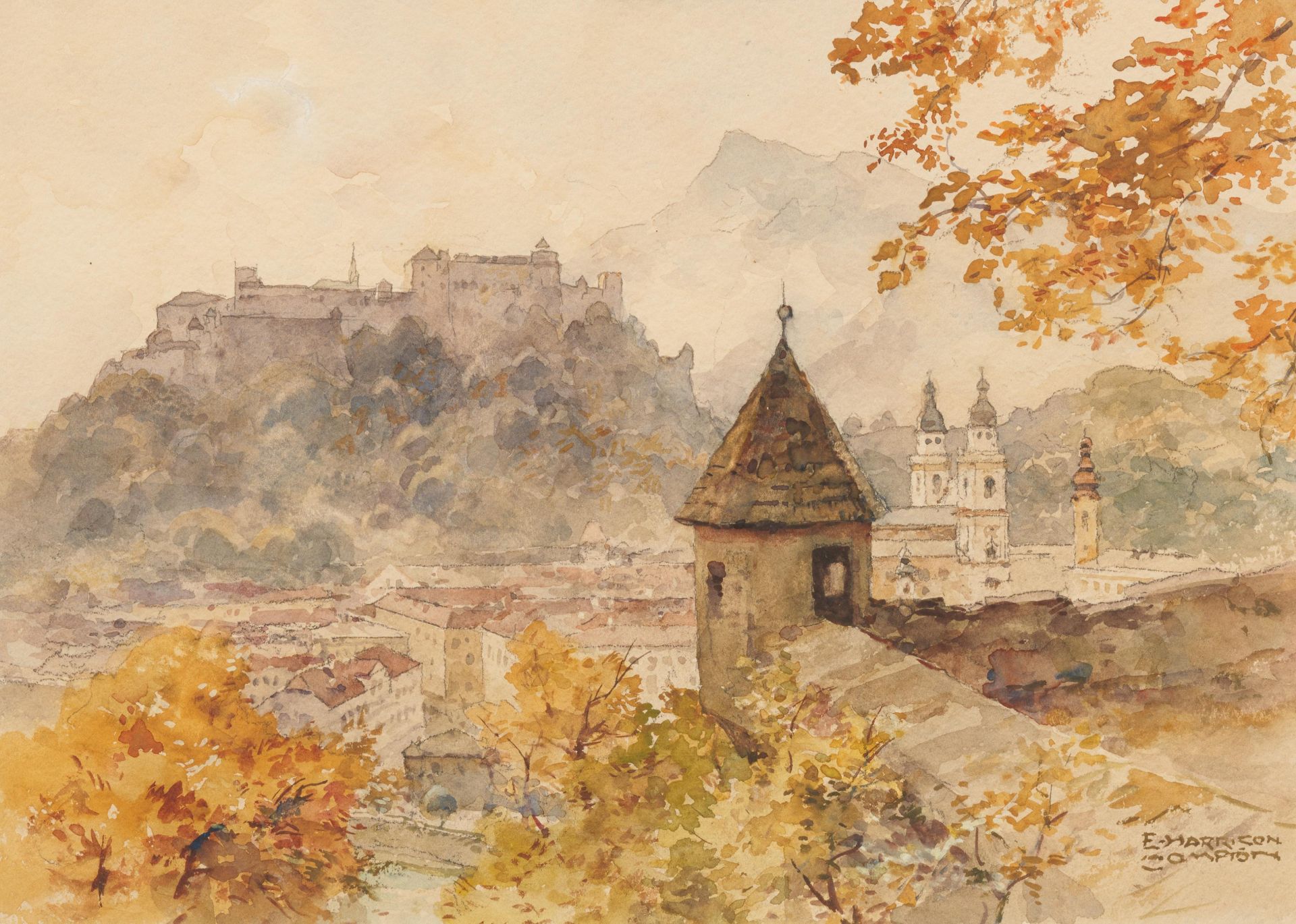 Compton, Edward Harrison. Feldafing 1881 - 1960. Blick über Salzburg. Aquarell auf Papier. Montiert.