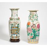 TWO LARGE VASES WITH ANTIQUES AND CALLIGRAPHY RESP. PHOENIX BIRDS IN PEONIES. China. 19th-20th c.