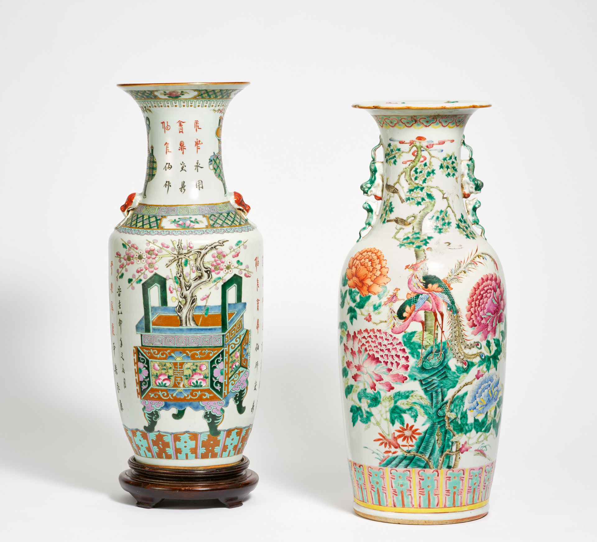 TWO LARGE VASES WITH ANTIQUES AND CALLIGRAPHY RESP. PHOENIX BIRDS IN PEONIES. China. 19th-20th c.