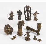 ELEVEN FIGURES, A PIPE AND SMALL BOX. India. 18th-20th c. Bronze with dark patina. a) Shiva with