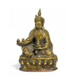 PADMASAMBHAVA. Tibet. 17th/18th c. Copper bronze with fire gilding and inlaid stones. Guru