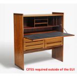 DROP WRITING CABINET. Mid. 20th c. Danish design. Walnut and rosewood. Inside compartments, table