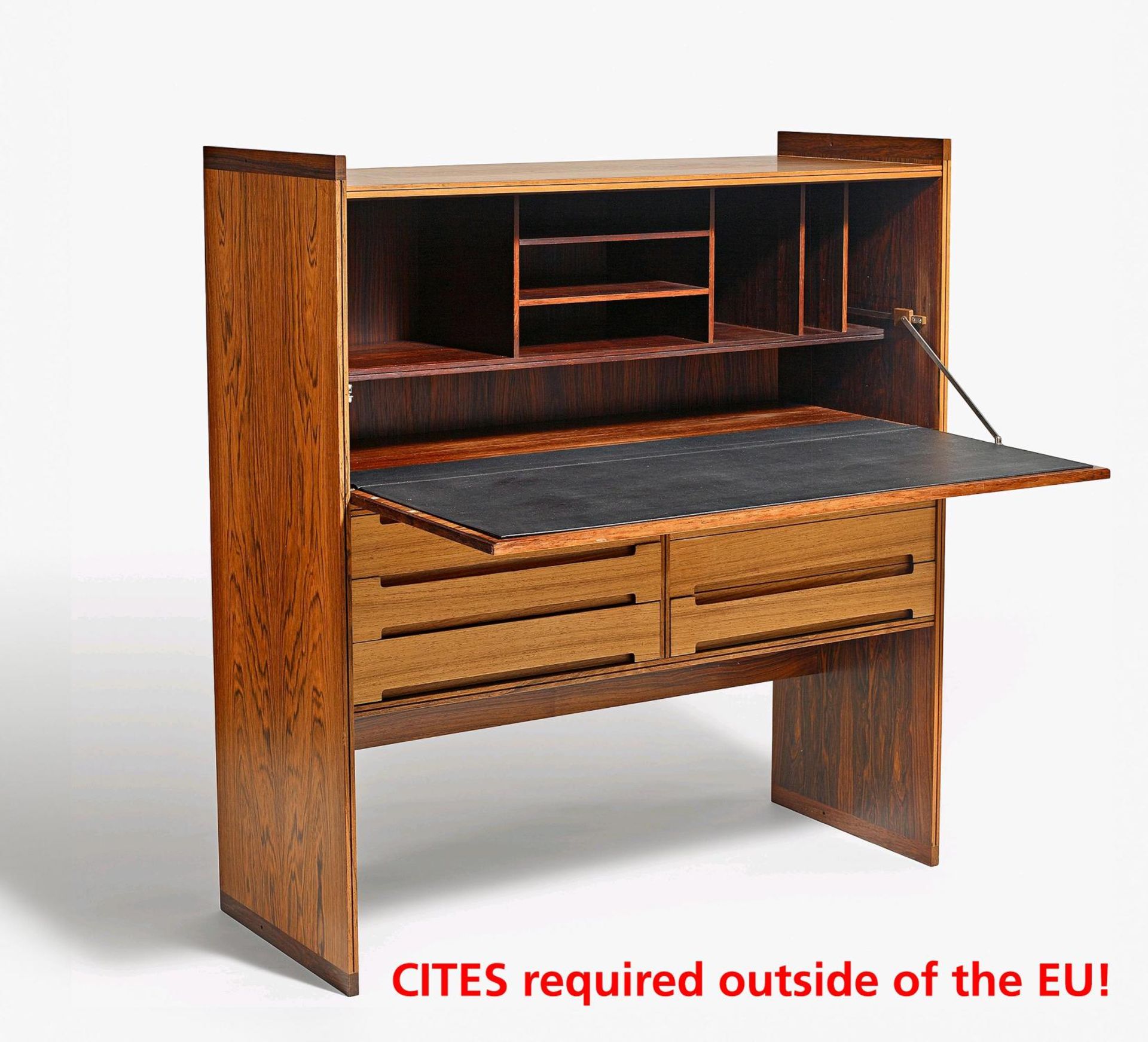 DROP WRITING CABINET. Mid. 20th c. Danish design. Walnut and rosewood. Inside compartments, table