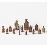 GROUP OF FOURTEEN GODS AND HEROES. China. 19th c. Wood, carved, painted and gilt. H. max. 35.5cm.