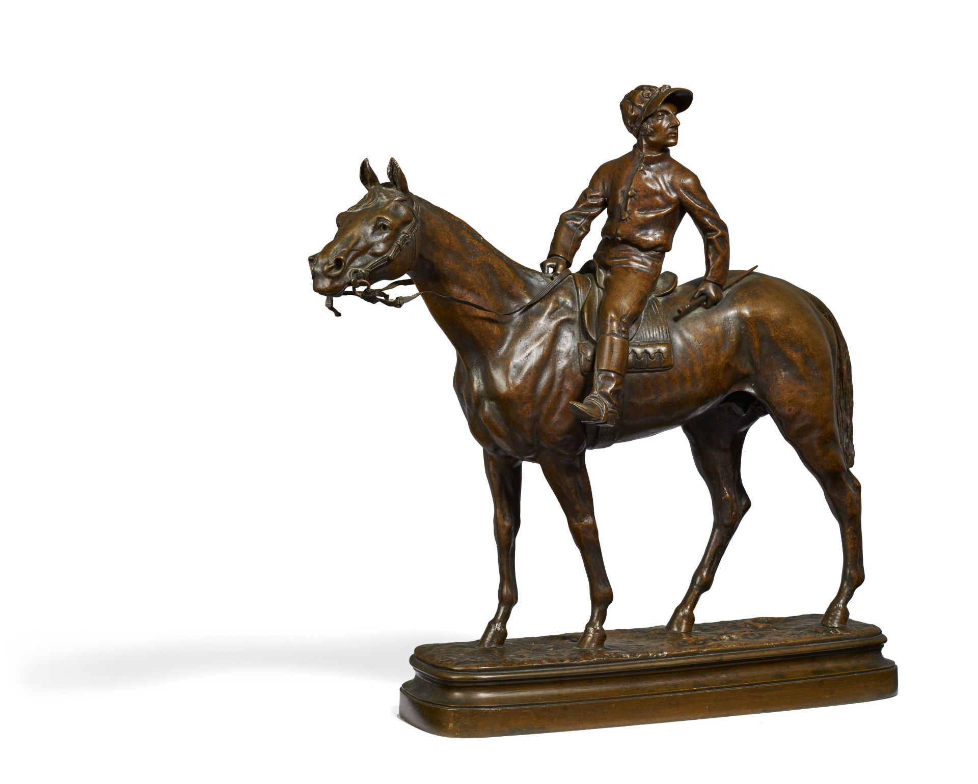 Bureau, Léon. Limoges 1866 - 1906. Jockey auf seinem Pferd. Bronze. Höhe: 48,5cm. Bezeichnet auf der