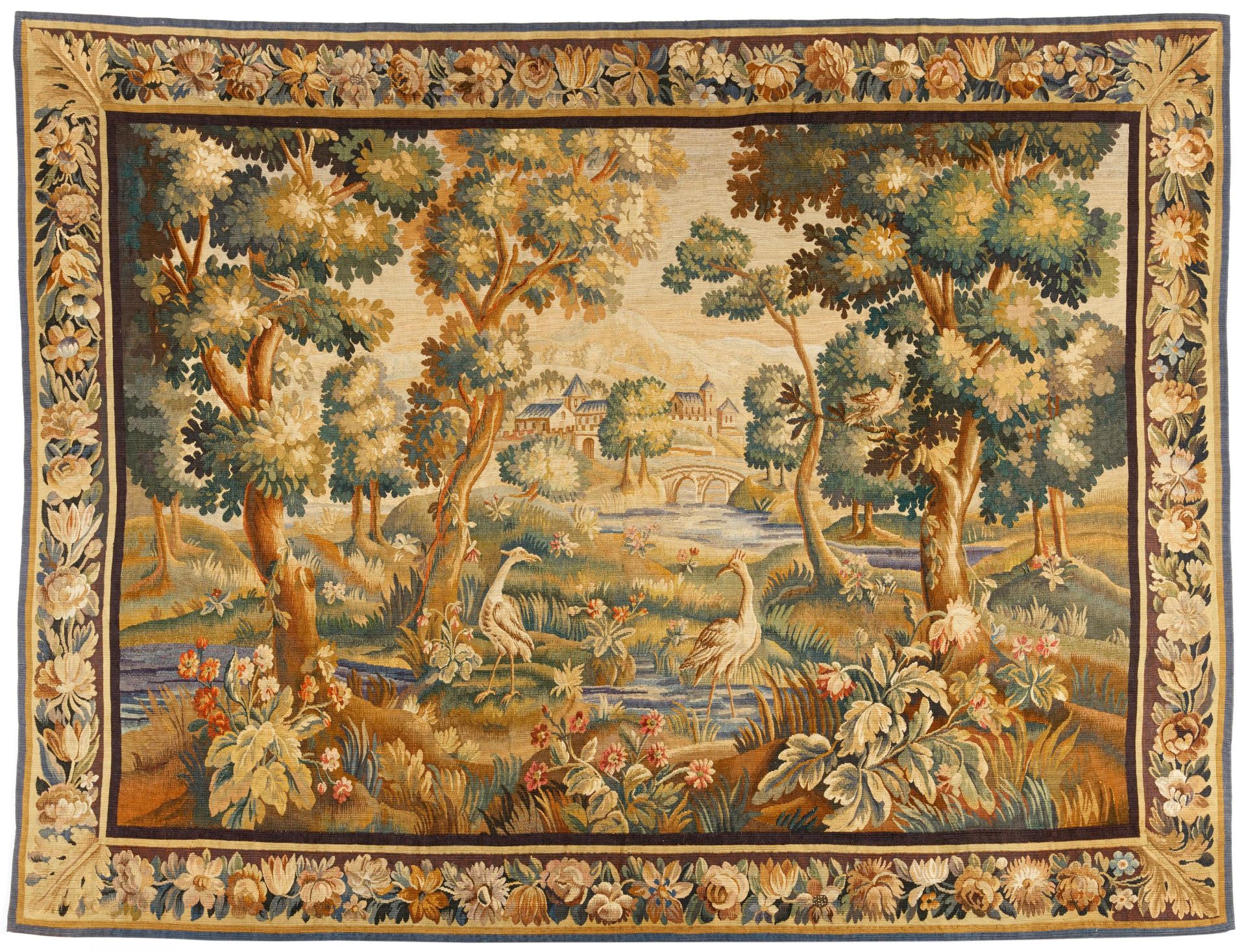 TAPISSERIE MIT LANDSCHAFTSDARSTELLUNG. Wolle und Seide. Wohl Maschinenarbeit. 190x300cm. Zustand