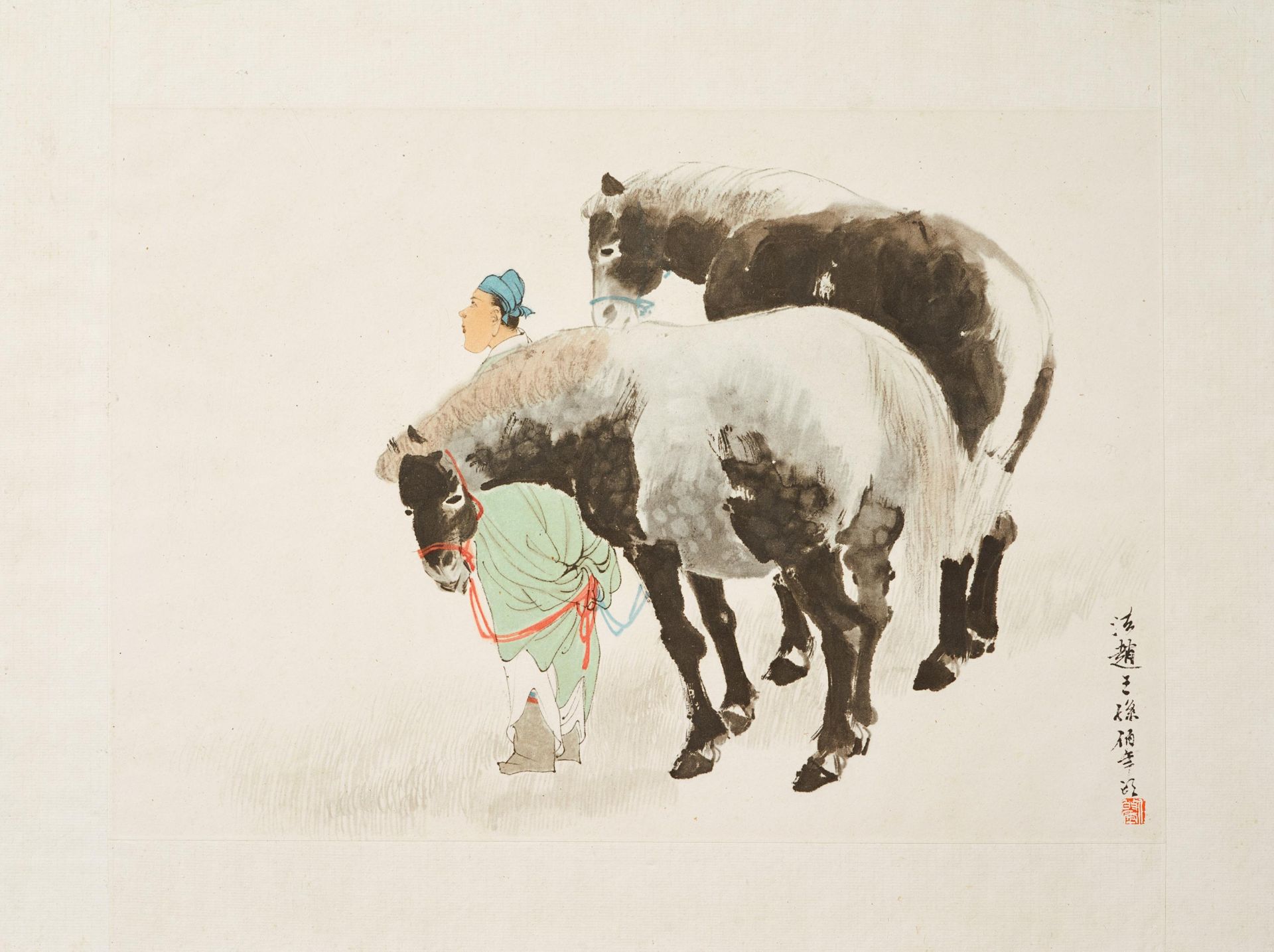 TWO WOODBLOCK PRINTS: LADY IN A BOAT AND TWO HORSES WITH A NOBLE. China. 20th c. Published: Duo - Bild 3 aus 3