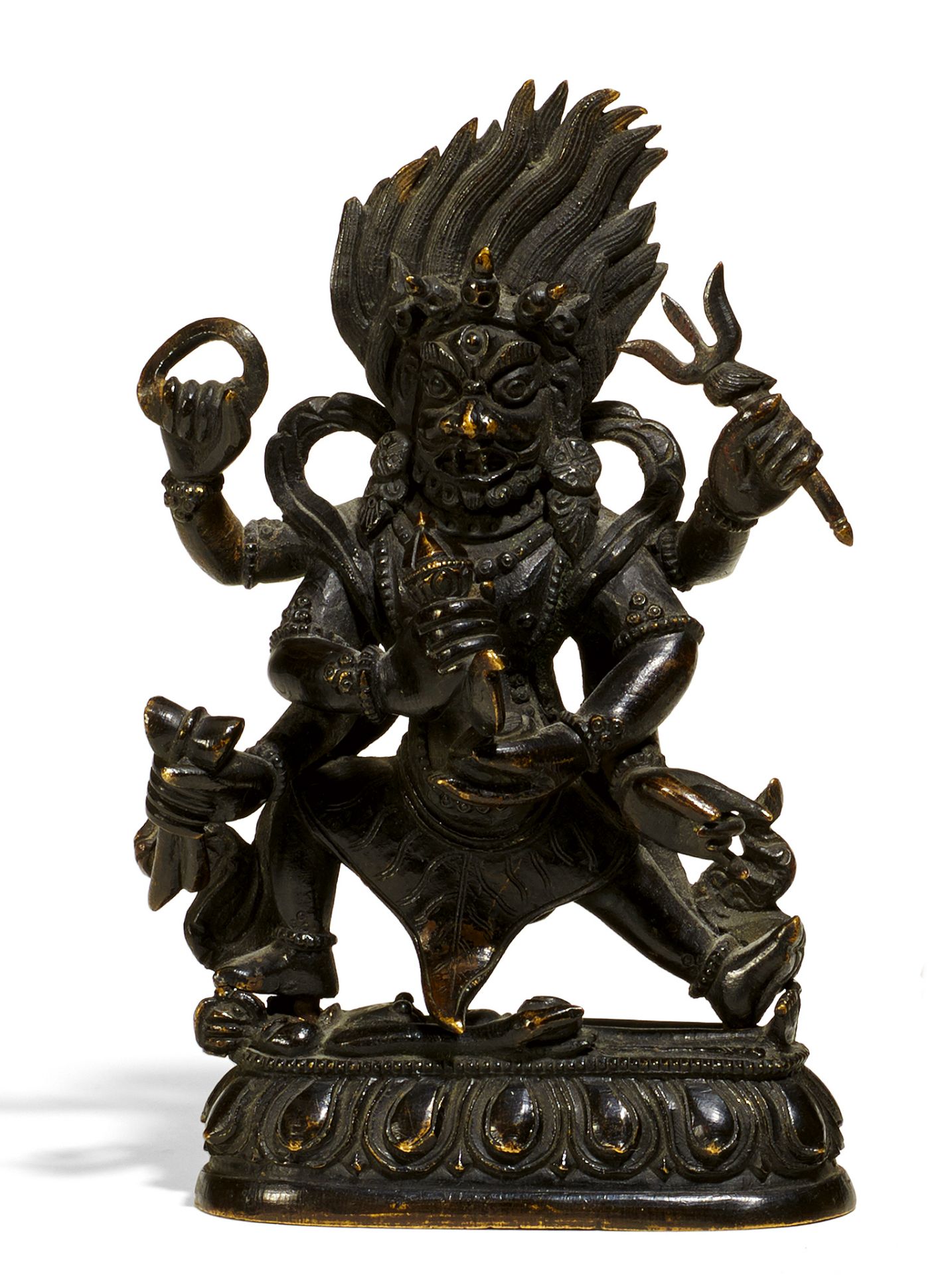 SADBHUJA MAHAKALA. Tibet. Finely worked, old and fire gilt bronze with brown black patina. Two-