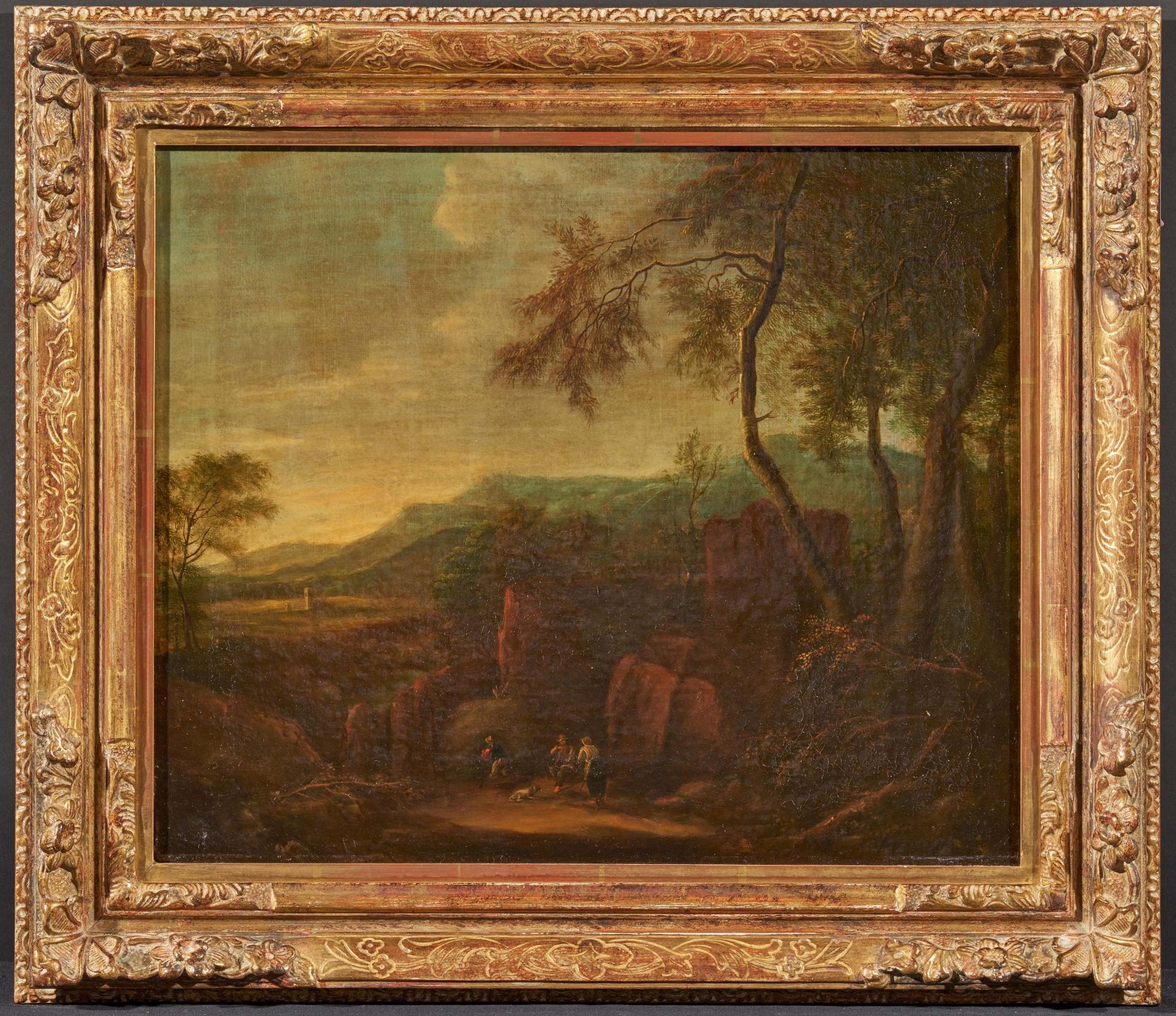 Niederländischer Meister. 18. Jh. Italienische Landschaft mit Wanderern vor einem Felsen. Öl auf - Bild 2 aus 4