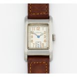 JAEGER LECOULTRE. Herrenuhr. Handaufzug. Stahl, braunes Lederarmband, Zffbl. lackiert, bedruckt,