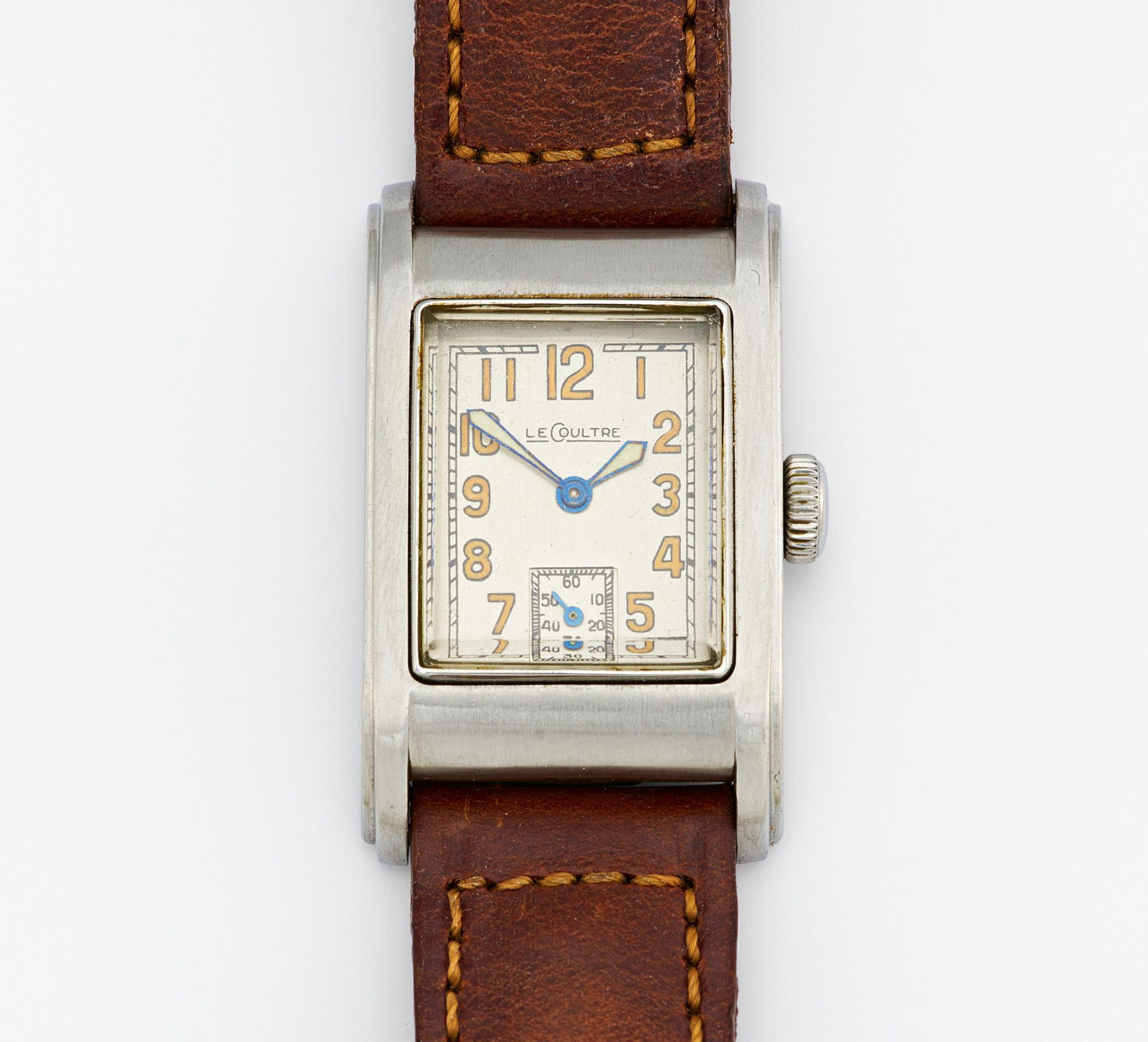 JAEGER LECOULTRE. Herrenuhr. Handaufzug. Stahl, braunes Lederarmband, Zffbl. lackiert, bedruckt,