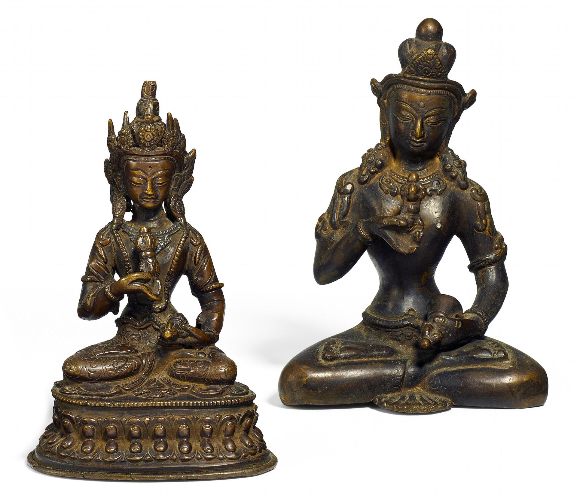 VAJRASATTVA. Tibet/Nepal. 18th/19th c. Copper bronze with residue of dark patina. Sitting on a