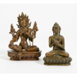 GREEN TARA AND BUDDHA SHAKYAMUNI WITH DHARMACHAKRA MUDRA. Tibet/Nepal. 19th/20th c. Copper bronze.